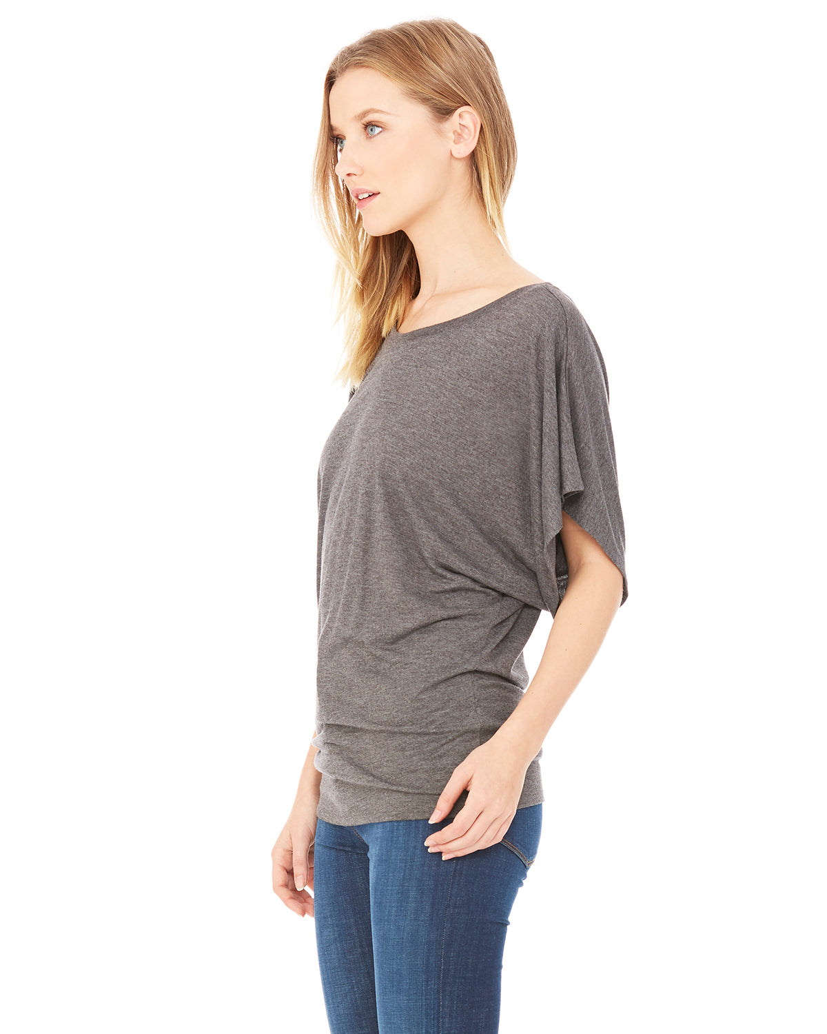 Women's Flowy Draped Sleeve Dolman T-Shirt - Heather Dark Gray