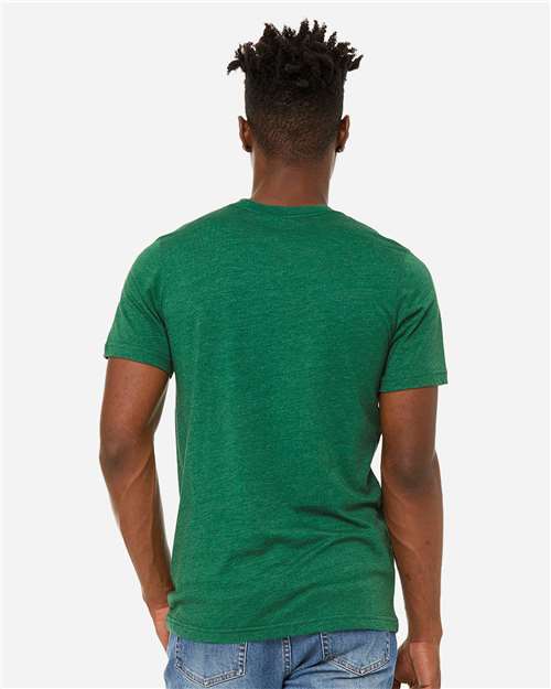 BELLA + CANVAS 3301 Heather Grass Green — on model back
