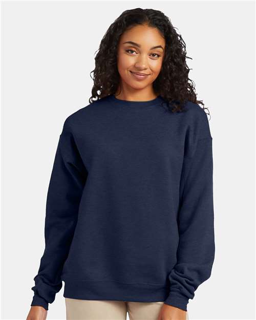 Hanes P160 Heather Navy — on model front