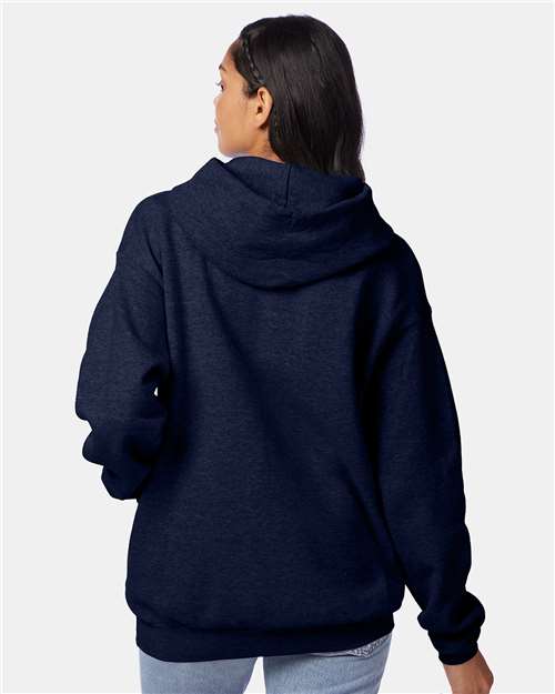 Hanes P170 Heather Navy — on model back