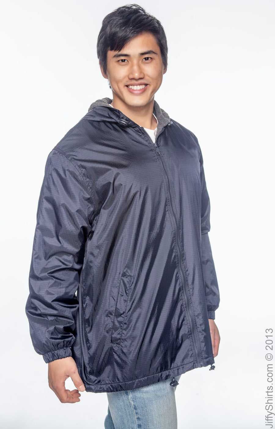 Men's Fleece-Lined Hooded Nylon Jacket - Navy