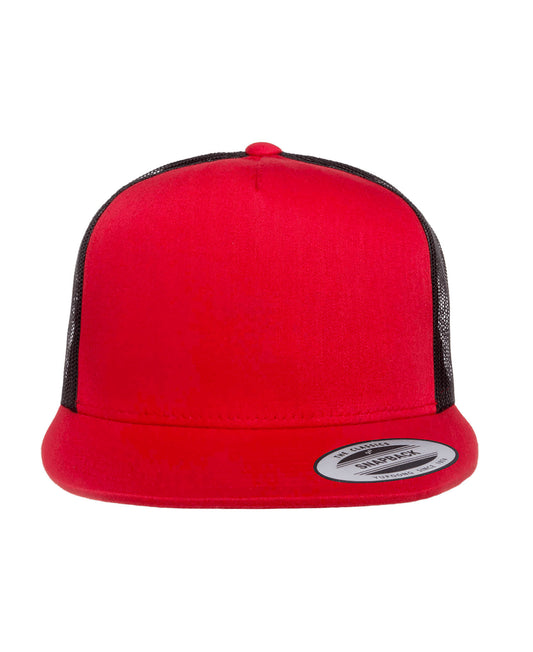 Unisex 5-Panel Flat Bill Trucker Cap - Red / Black