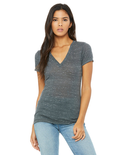 Ladies' Jersey Short-Sleeve Deep V-Neck T-Shirt - Charcoal Marble