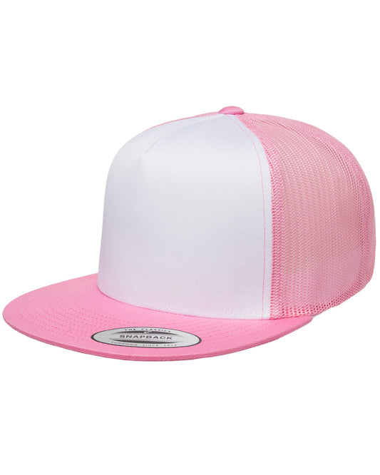 Unisex Classic Flat Bill Trucker with White Front Panel Cap - White / Pink
