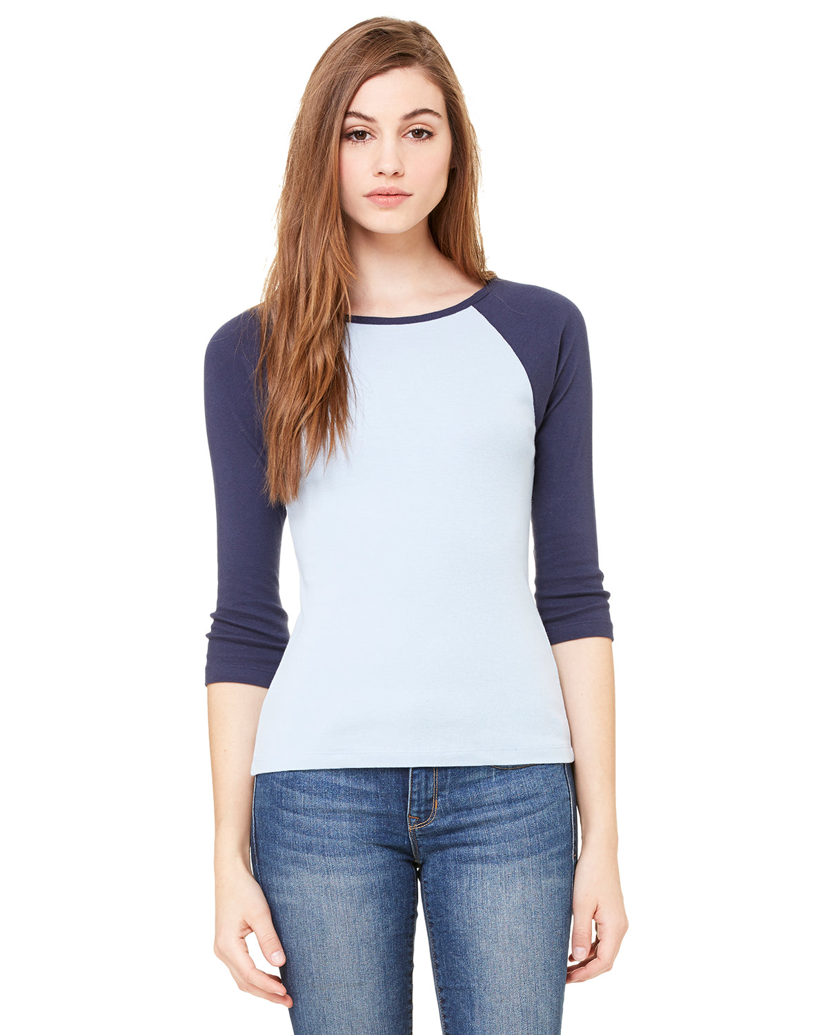Women's Baby Rib 3/4-Sleeve Contrast Raglan T-Shirt - Baby Blue / Navy