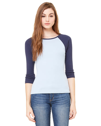 Women's Baby Rib 3/4-Sleeve Contrast Raglan T-Shirt - Baby Blue / Navy