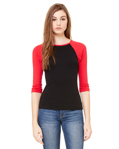 Women's Baby Rib 3/4-Sleeve Contrast Raglan T-Shirt - Black / Red