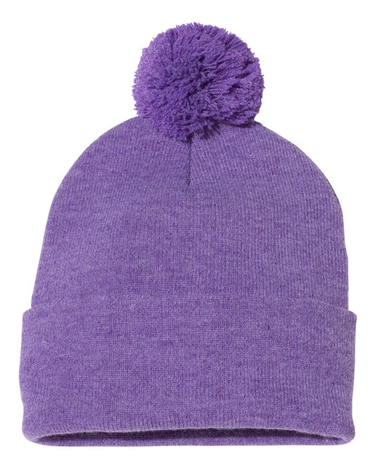 Pom-Pom 12" Knit Beanie - Heather Purple