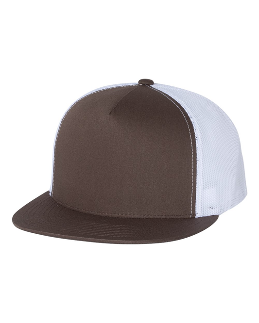 Unisex 5-Panel Flat Bill Trucker Cap - Brown / White