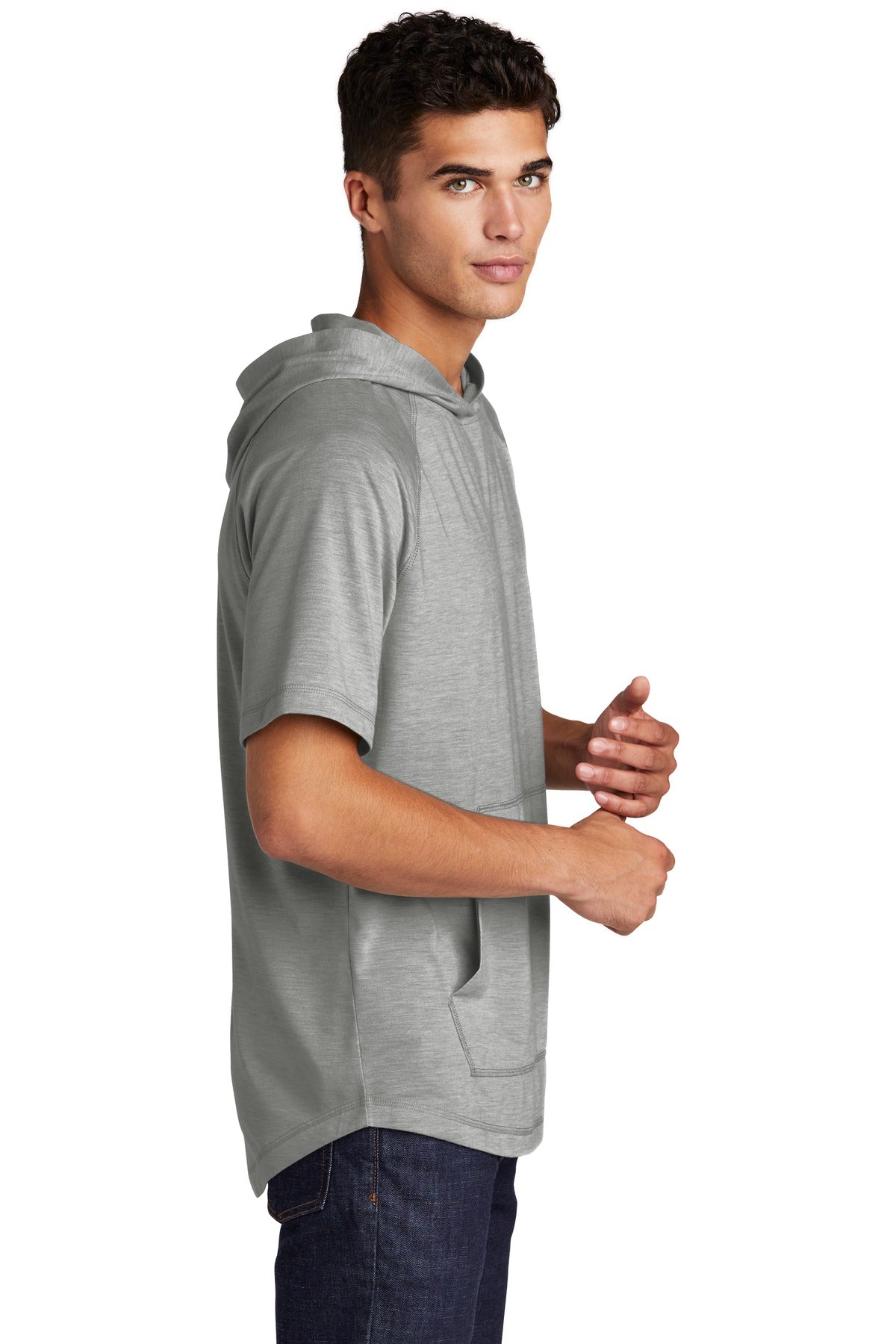 Unisex PosiCharge Tri-Blend Wicking Short Sleeve Hoodie - Light Gray Heather