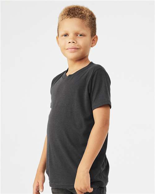 BELLA + CANVAS 3413Y Solid Dark Grey Triblend — on model side