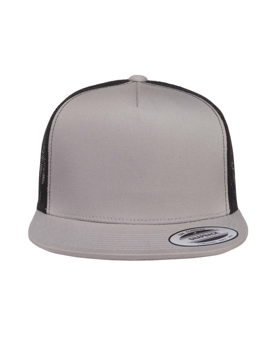 Unisex 5-Panel Flat Bill Trucker Cap - Silver / Black
