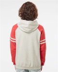 JERZEES 97CR Oatmeal Heather/ Fiery Red Heather — on model back