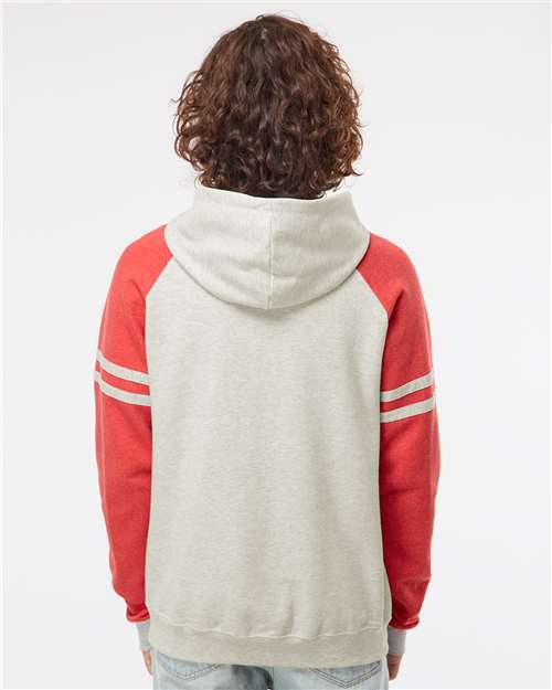 JERZEES 97CR Oatmeal Heather/ Fiery Red Heather — on model back
