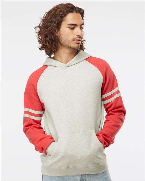 JERZEES 97CR Oatmeal Heather/ Fiery Red Heather — on model front