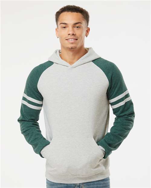 JERZEES 97CR Oatmeal Heather/ Forest Green Heather — on model front