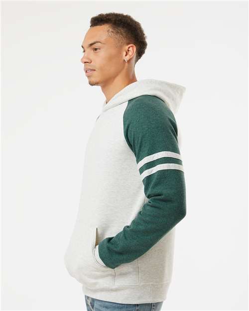 JERZEES 97CR Oatmeal Heather/ Forest Green Heather — on model side