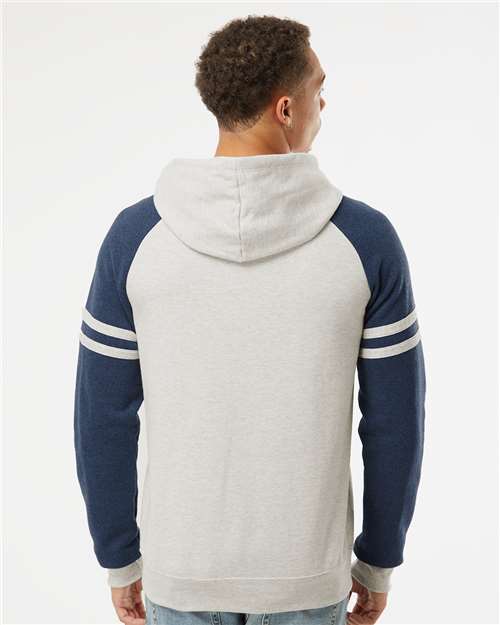 JERZEES 97CR Oatmeal Heather/ Indigo Heather — on model back