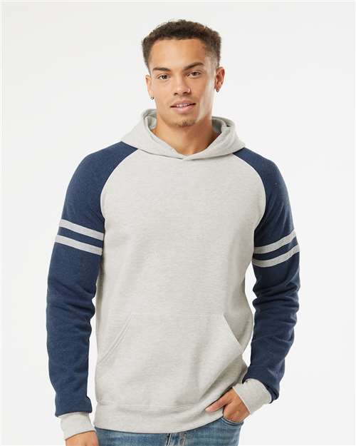 JERZEES 97CR Oatmeal Heather/ Indigo Heather — on model front