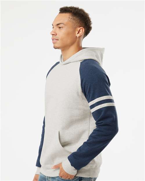 JERZEES 97CR Oatmeal Heather/ Indigo Heather — on model side