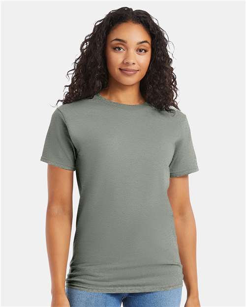 Hanes 5280 Stonewashed Green — on model front
