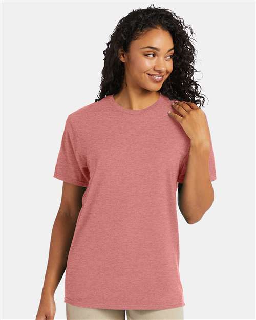 Hanes 4980 Mauve Heather — on model front