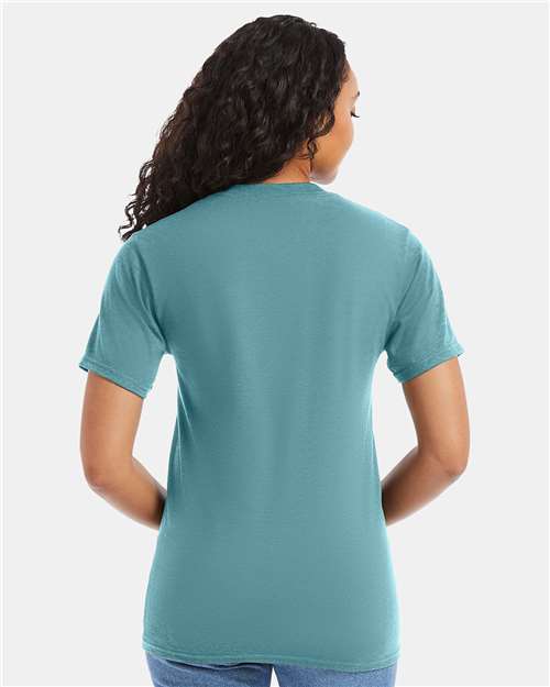 Hanes 5180 Green Clay — on model back