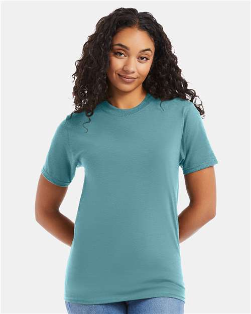 Hanes 5180 Green Clay — on model front
