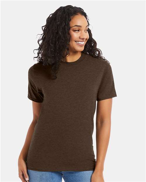 Hanes 5180 Heather Brown — on model front