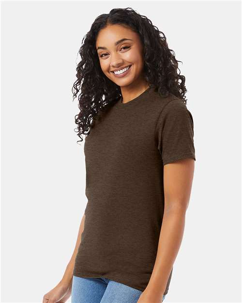 Hanes 5180 Heather Brown — on model side