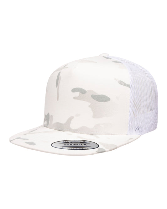 Unisex 5-Panel Flat Bill Trucker Cap - Multicam Alpine / White