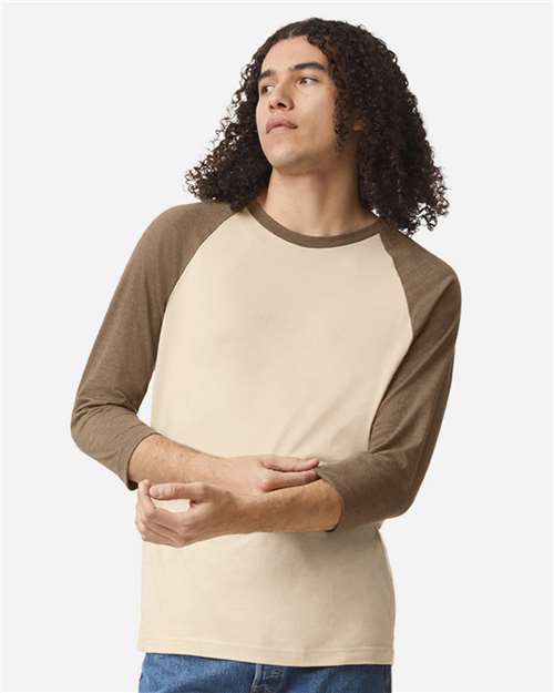 American Apparel 2003CVC Heather Bone/ Heather Army — on model front
