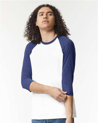 American Apparel 2003CVC White/ Heather Indigo — on model front