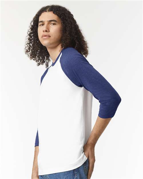 American Apparel 2003CVC White/ Heather Indigo — on model side