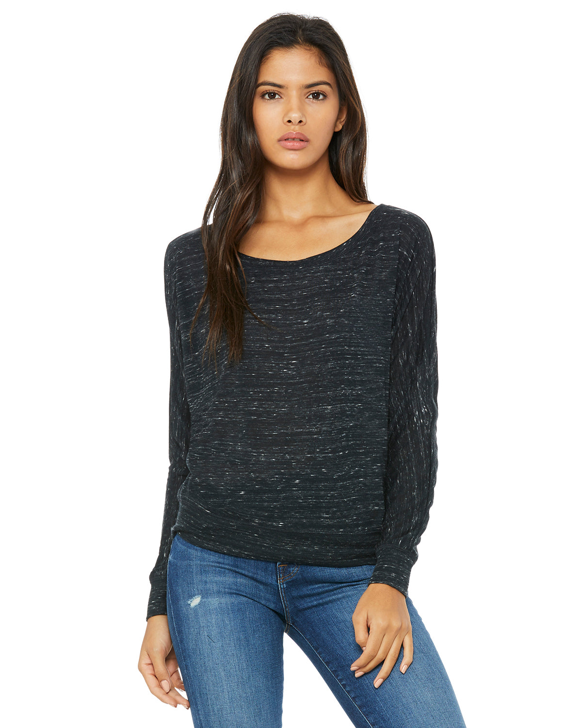 Women's Flowy Long-Sleeve Off Shoulder T-Shirt - Black Marble