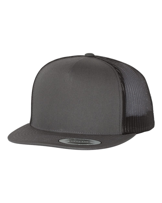 Unisex 5-Panel Flat Bill Trucker Cap - Charcoal / Black
