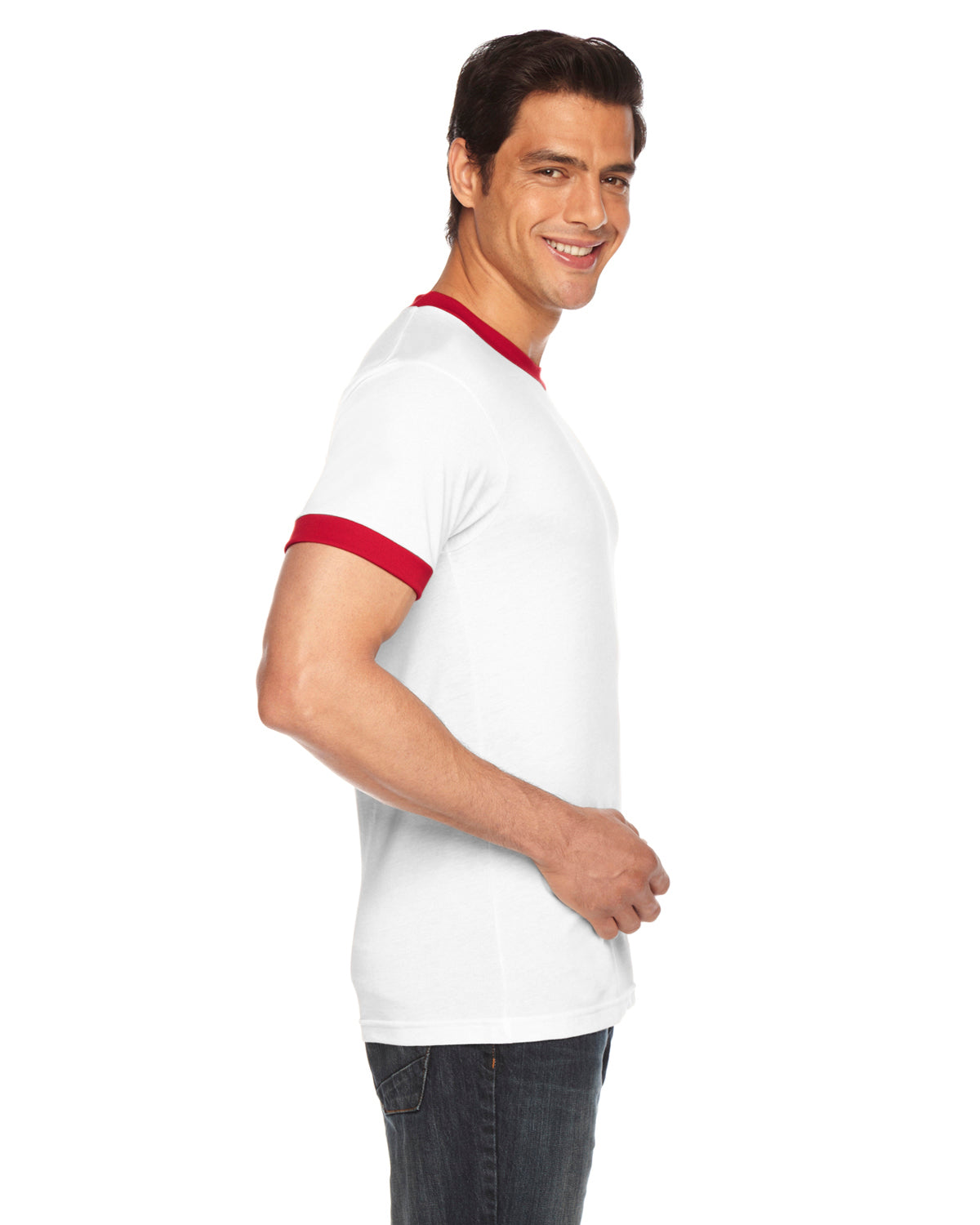 UNISEX Poly-Cotton Short-Sleeve Ringer T-Shirt - White / Red