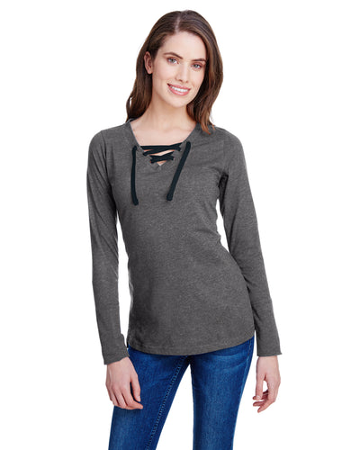 Women's Long Sleeve Fine Jersey Lace-Up T-Shirt - Vintage Smoke / Black