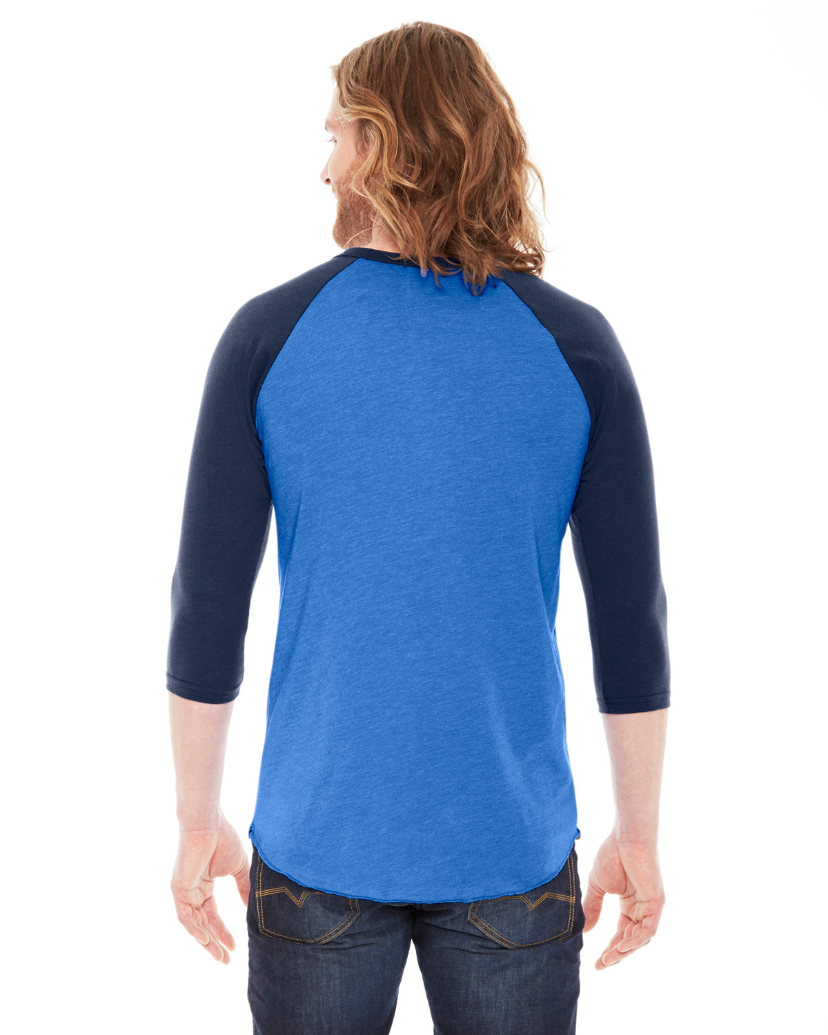 Unisex Poly-Cotton 3/4-Sleeve Raglan T-Shirt - Heather Lake Blue / Navy