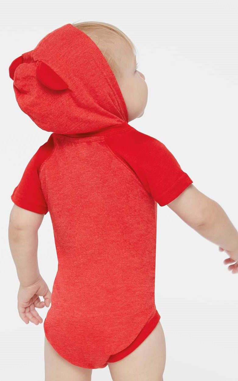 Fine Jersey Infant Short Sleeve Raglan Bodysuit with Hood & Ears - Vintage Red / Red