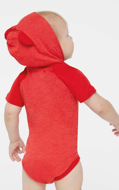 Fine Jersey Infant Short Sleeve Raglan Bodysuit with Hood & Ears - Vintage Red / Red