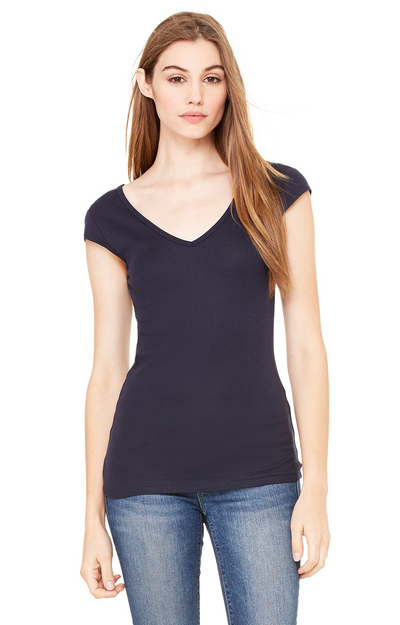 Women's Sheer Mini Rib Cap-Sleeve Deep V-Neck T-Shirt - Midnight