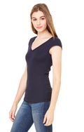 Women's Sheer Mini Rib Cap-Sleeve Deep V-Neck T-Shirt - Midnight