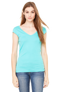 Women's Sheer Mini Rib Cap-Sleeve Deep V-Neck T-Shirt - Teal