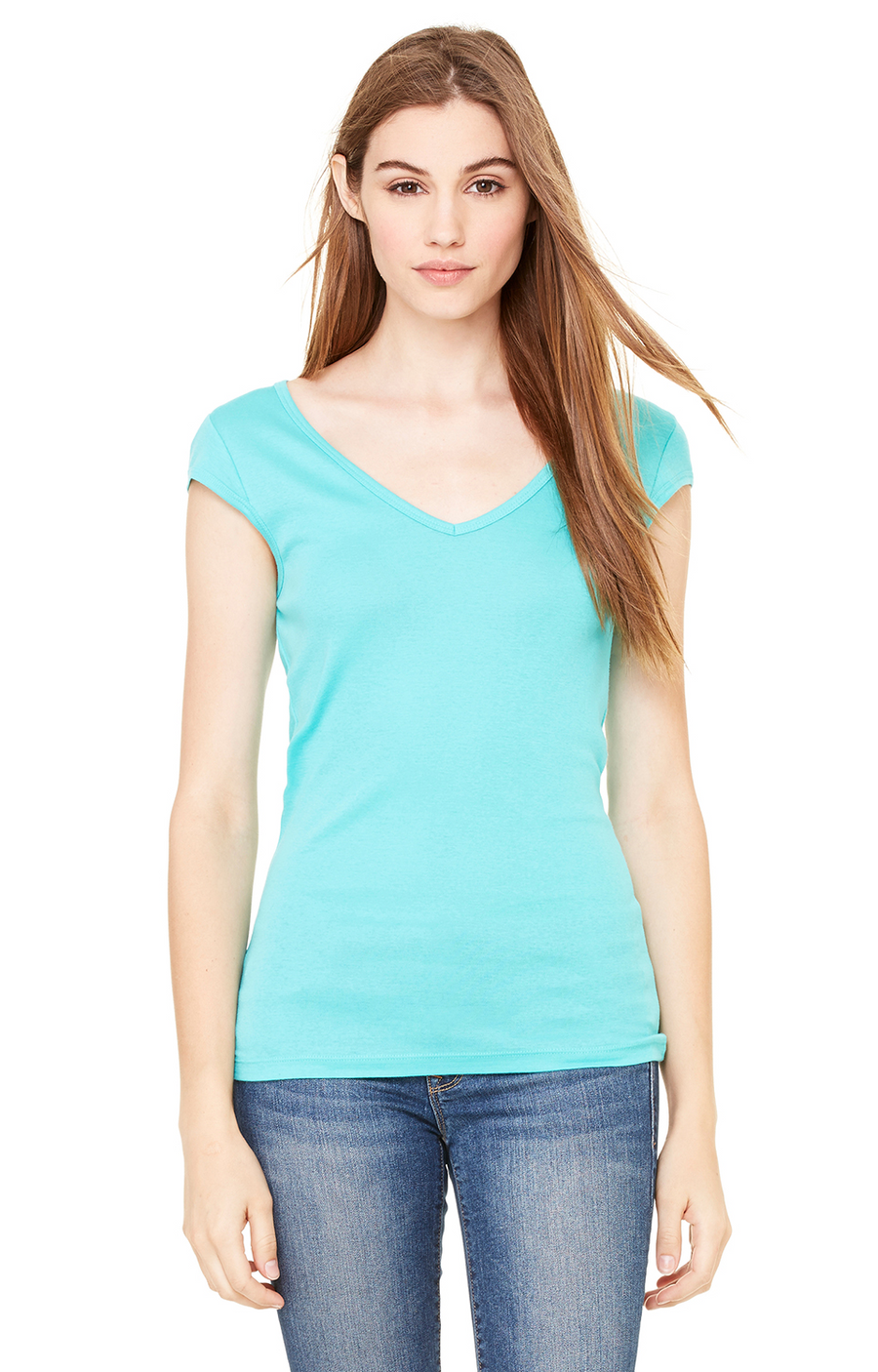 Women's Sheer Mini Rib Cap-Sleeve Deep V-Neck T-Shirt - Teal