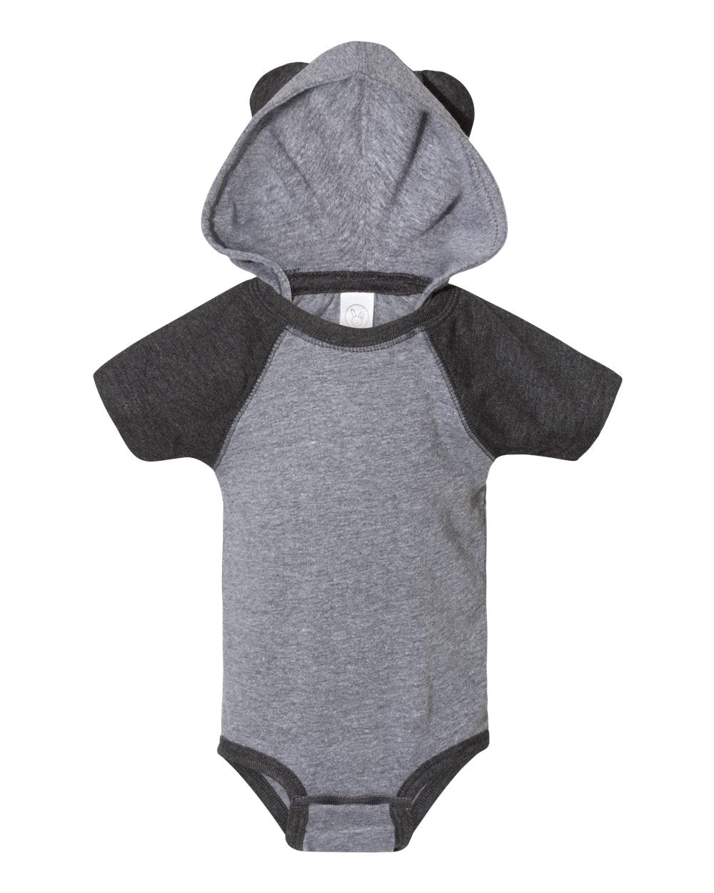 Fine Jersey Infant Short Sleeve Raglan Bodysuit with Hood & Ears - Granite Heather / Vintage Smoke