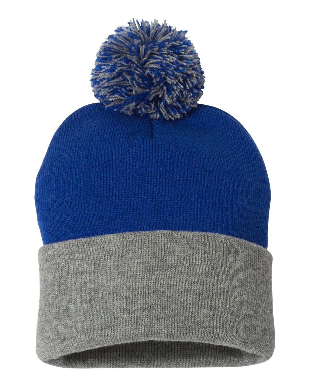 Pom-Pom 12" Knit Beanie - Royal / Heather Gray