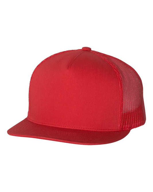 Unisex 5-Panel Flat Bill Trucker Cap - Red