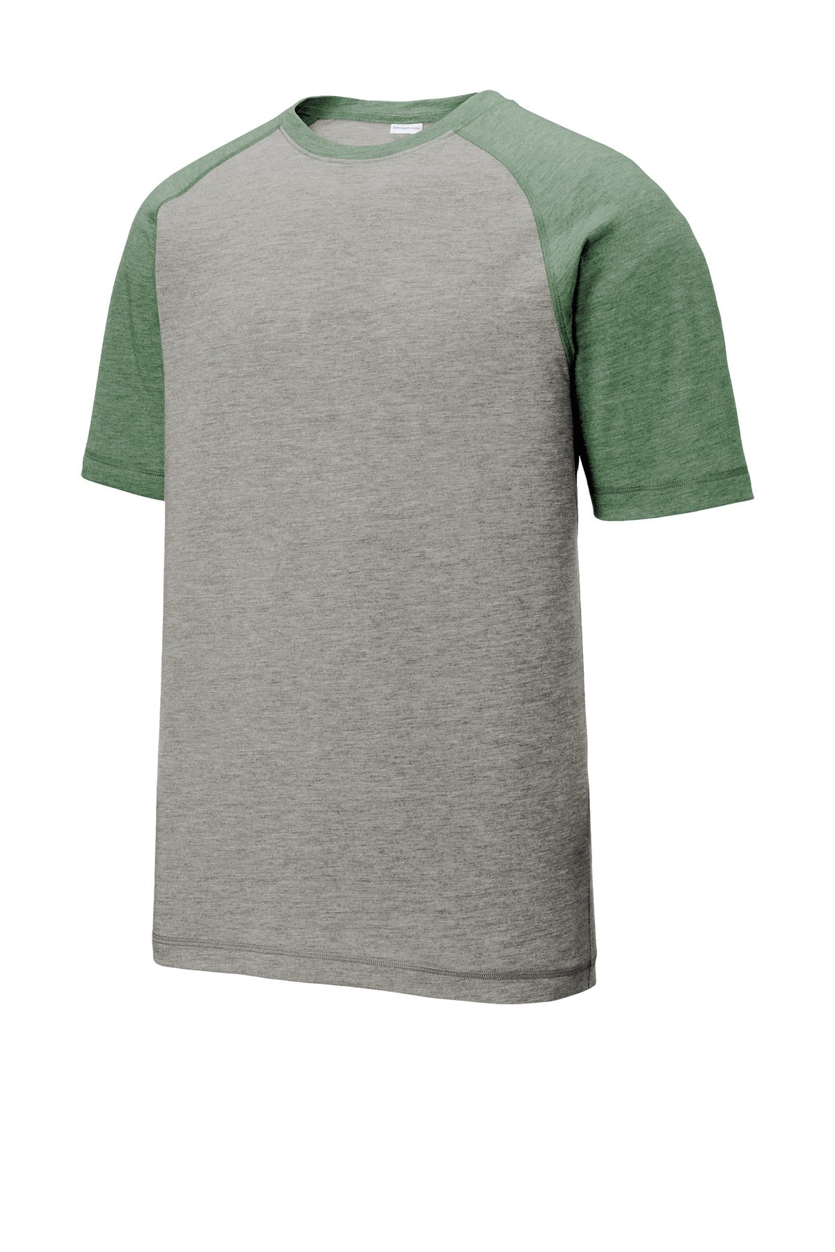 Unisex PosiCharge Tri-Blend Wicking Raglan Tee - Forest Green Heather / Light Gray Heather