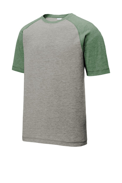 Unisex PosiCharge Tri-Blend Wicking Raglan Tee - Forest Green Heather / Light Gray Heather